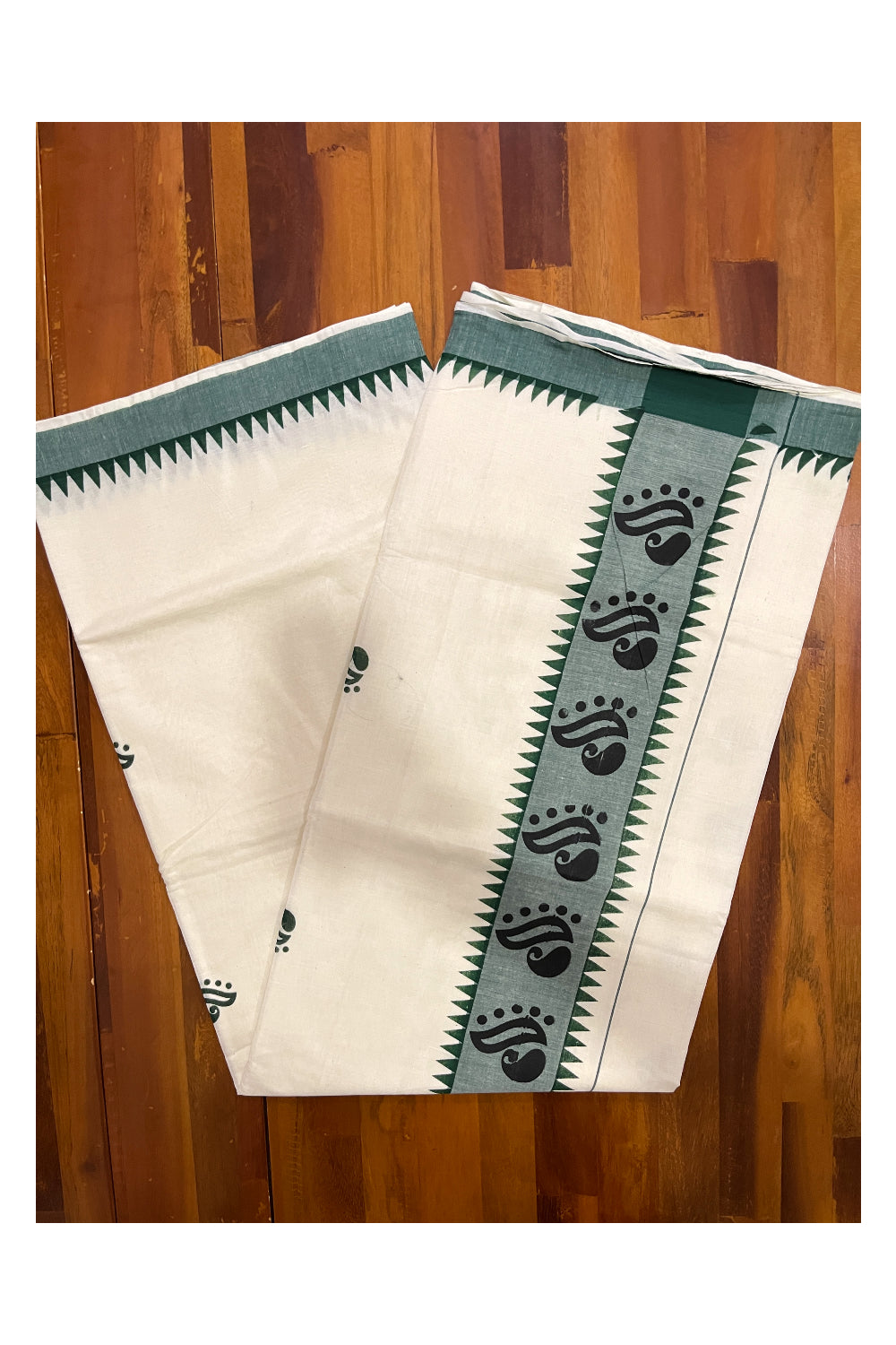 Pure Cotton Off White Kerala Saree with Green Temple Block Prints on Border (Vishu Saree 2023)