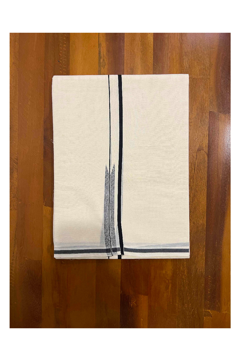 Off White Pure Cotton Double Mundu with Black Puliyilakkara Border (South Indian Dhoti)