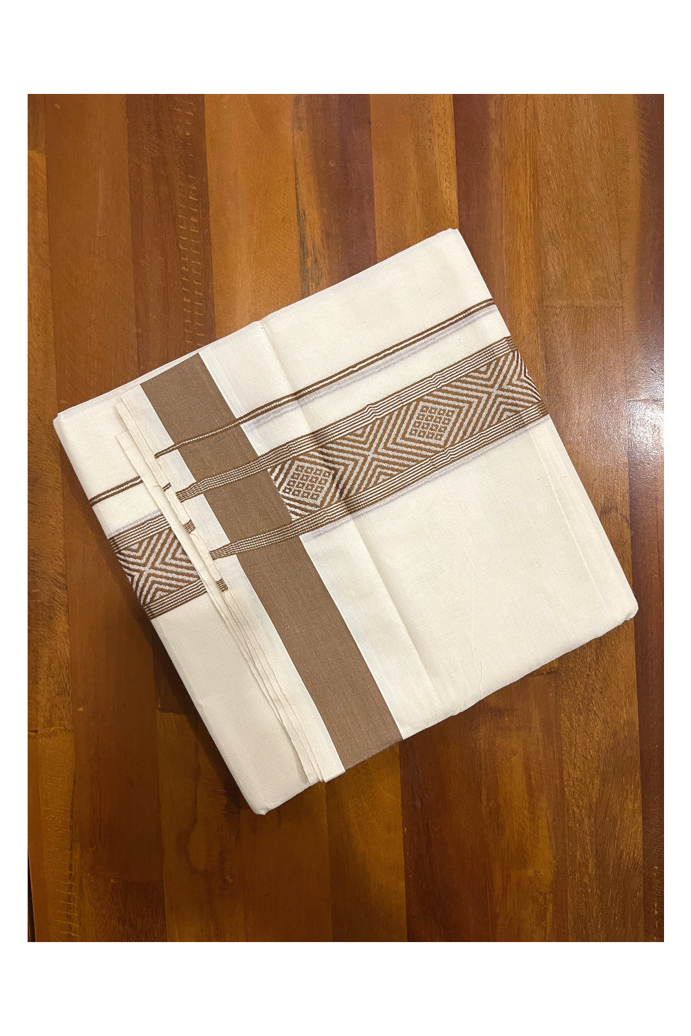 Pure Cotton Off White Double Mundu with Silver Kasavu and Brown Woven Border (South Indian Dhoti)