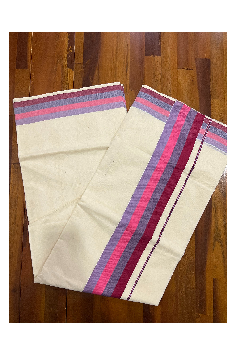 Kerala Cotton Saree with Violet and Maroon Lines Border Design