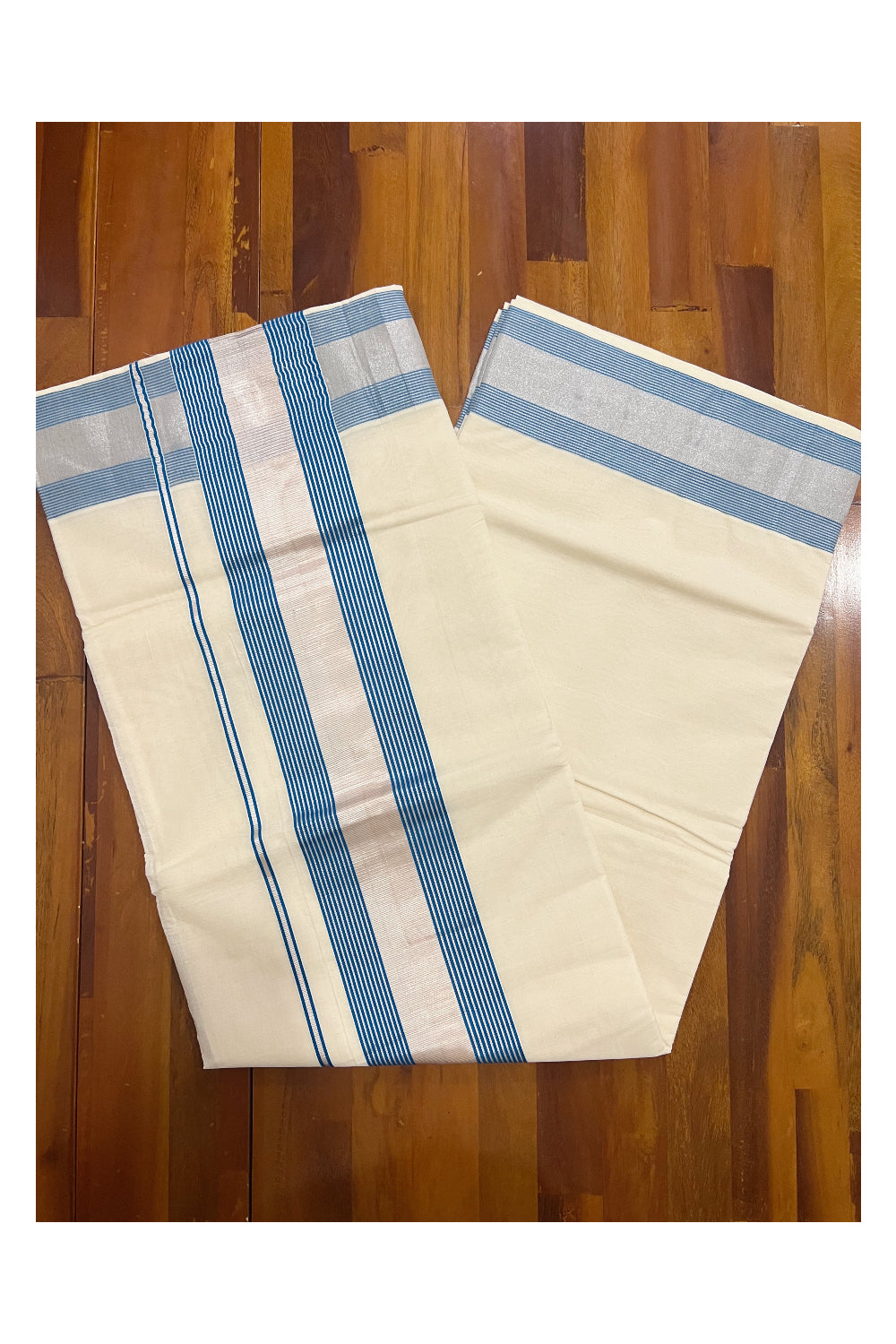 Pure Cotton Kerala Plain Saree with Silver Kasavu and Light Blue Line Border