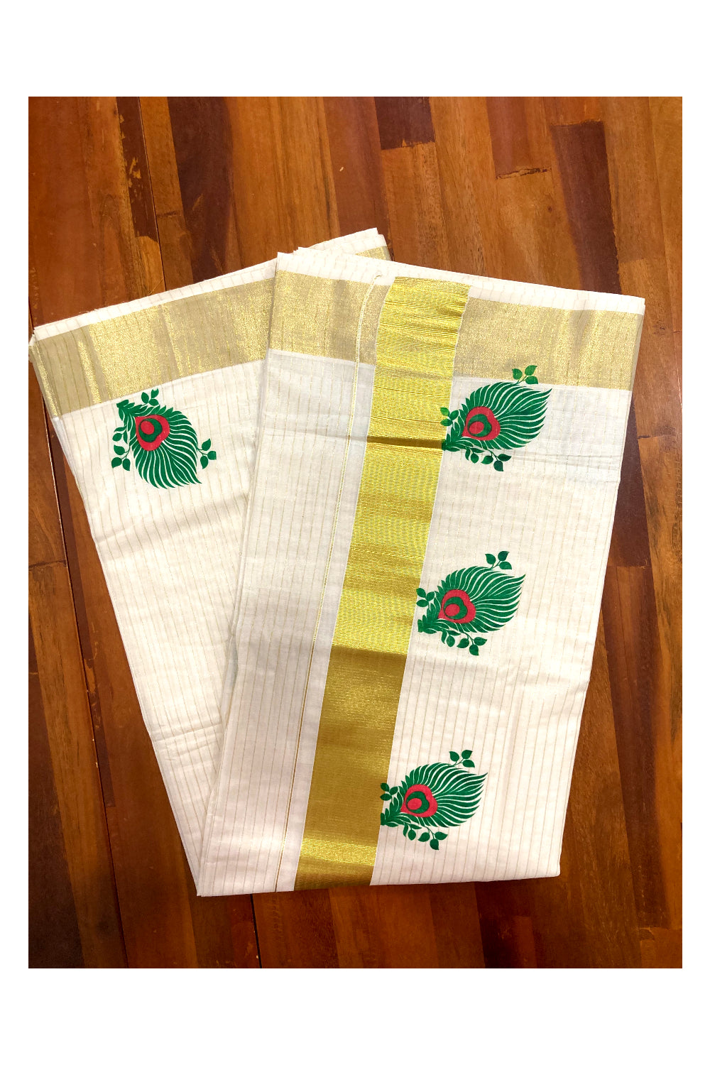 Pure Cotton Kerala Kasavu Lines Saree with Green and Red Block Prints on Border