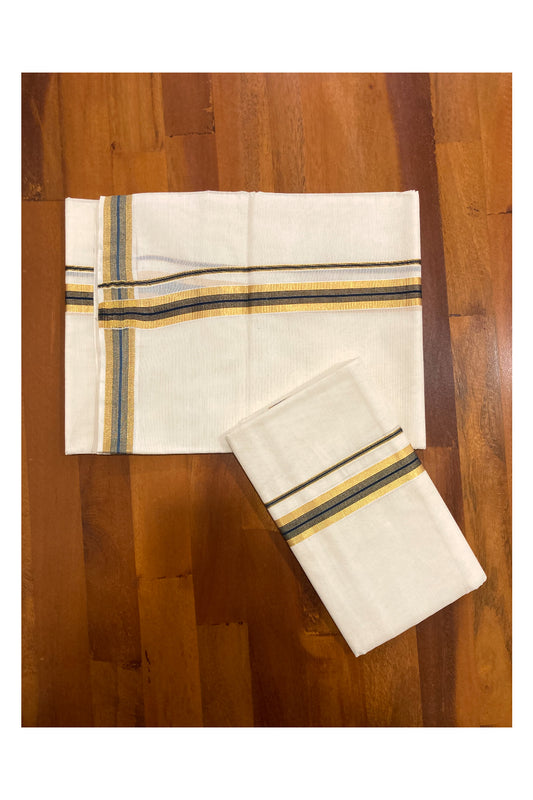 Southloom Pure Cotton Kerala Single Set Mundu (Mundum Neriyathum) with Navy Blue and 1 inch Kasavu Border 2.80 Mtrs SLKK SL523