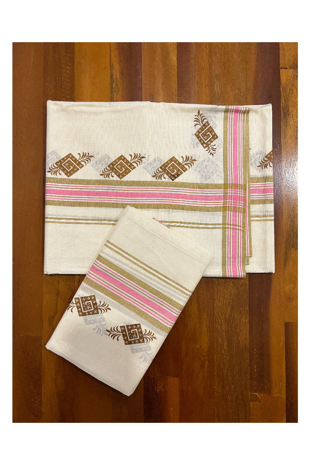 Kerala Cotton Mulloth Mundum Neriyathum Single (Set Mundu) with Light Brown Block Print Border (Extra Soft Cotton)