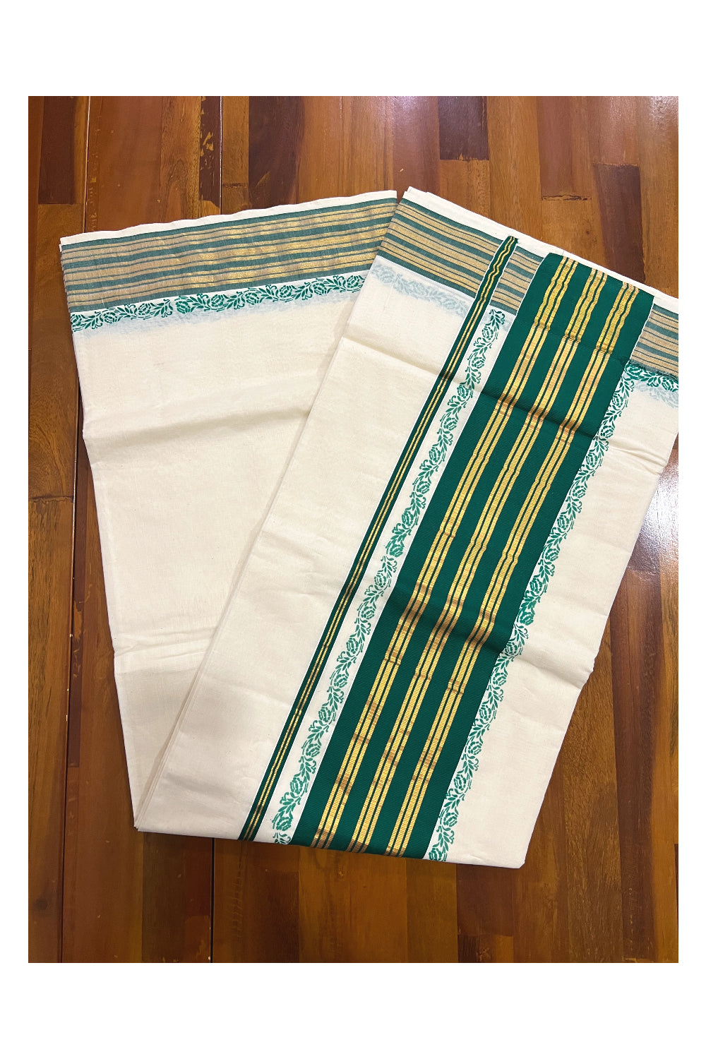 Pure Cotton Kerala Saree with Kasavu and Dark Green Floral Block Prints on Border