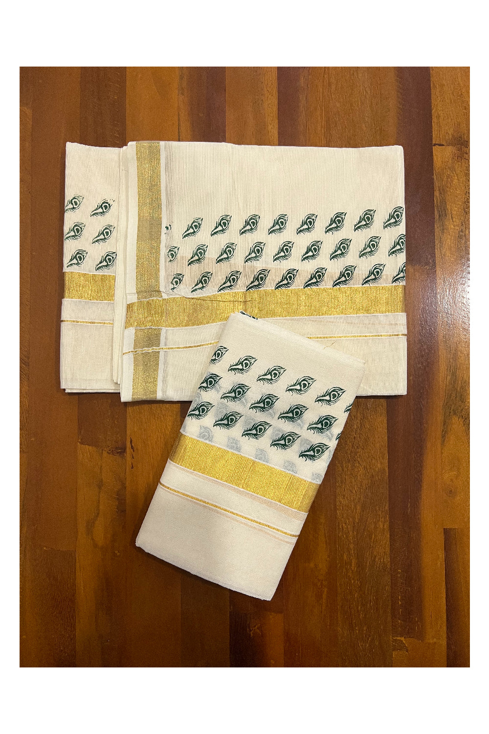 Kerala Cotton Kasavu Set Mundu (Mundum Neriyathum) with Green Feather Block Prints on Border