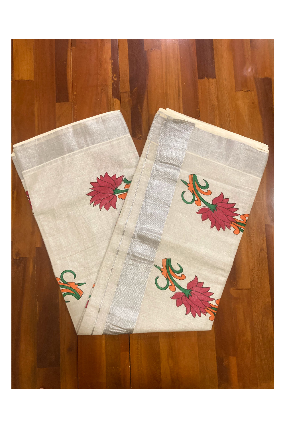 Kerala Silver Tissue Kasavu Saree with Floral Mural Prints