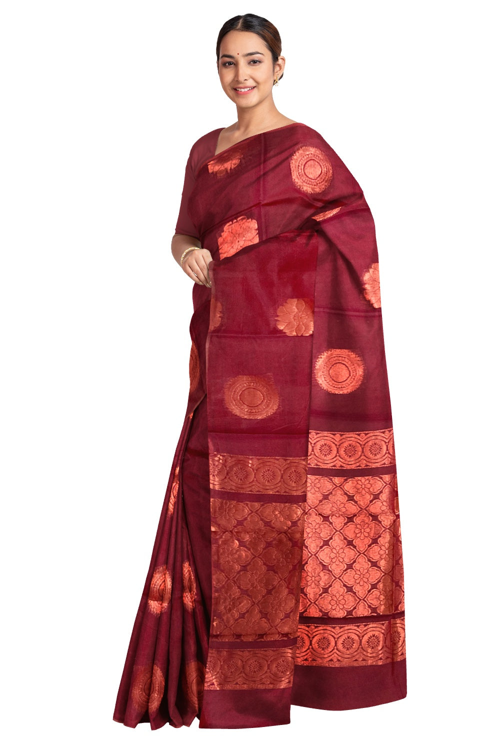 Southloom Cotton Silk Borderless Maroon Designer Saree with Zari Motifs