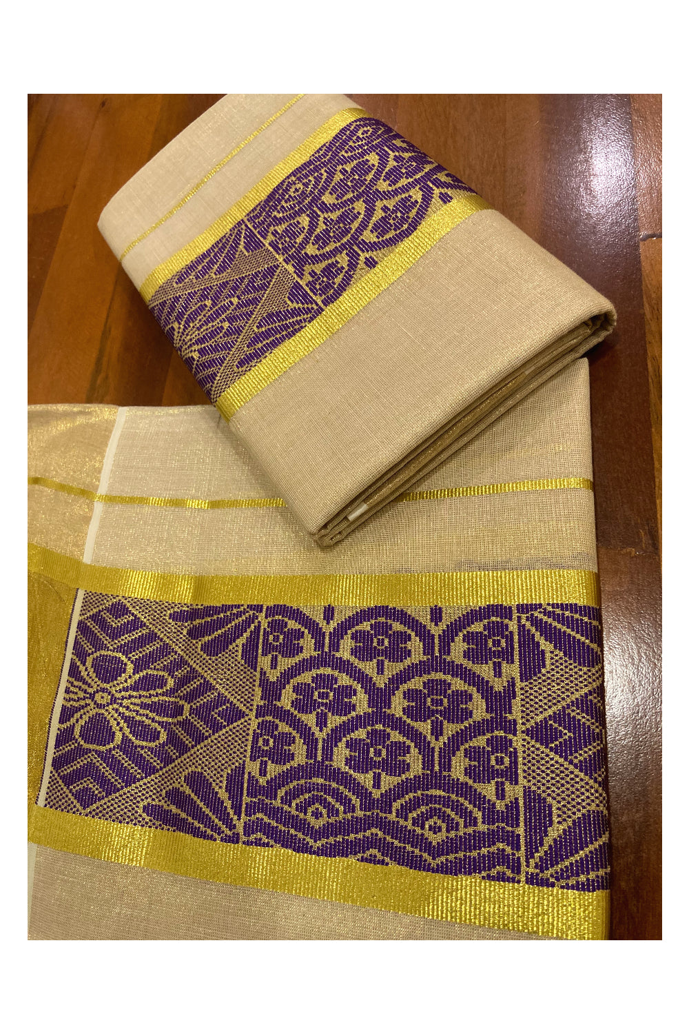 Kerala Tissue Kasavu Set Mundu (Mundum Neriyathum) with Violet Thread Work on Border