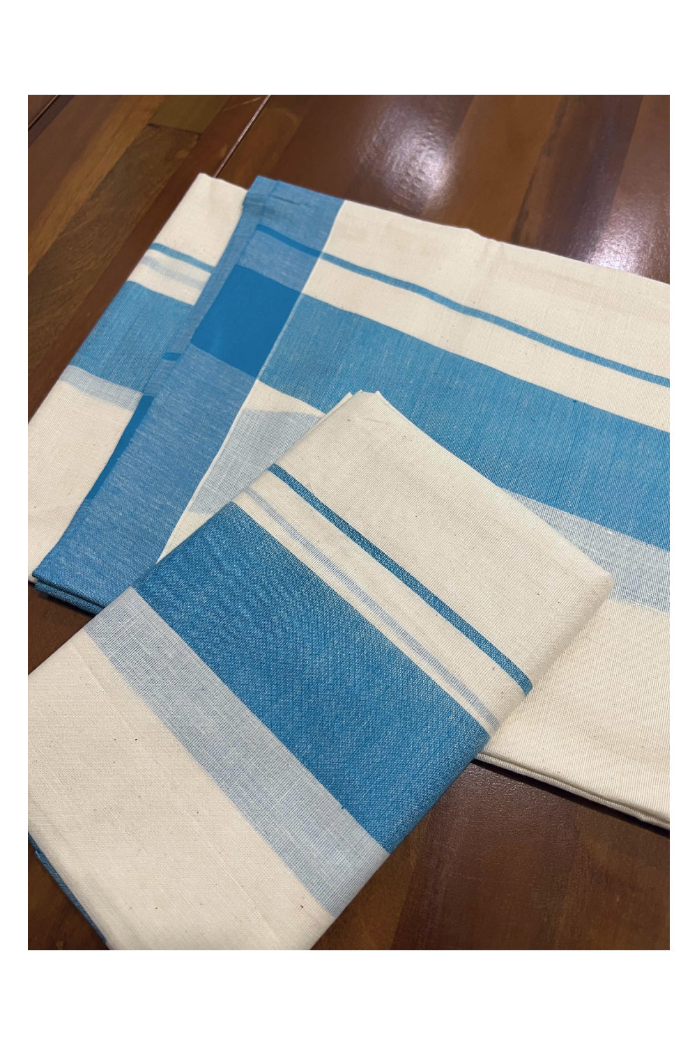 Kerala Cotton Mundum Neriyathum Single (Set Mundu) with Light Blue Mulloth Border (Extra Soft Cotton)