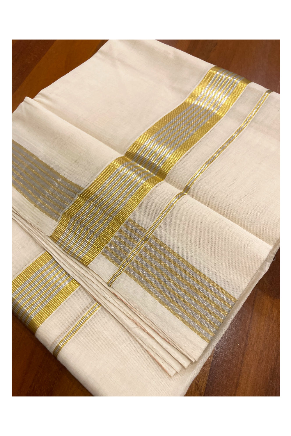 Southloom Premium Handloom Cotton Off White Mundu with Golden and Silver Kasavu Border (South Indian Dhoti)