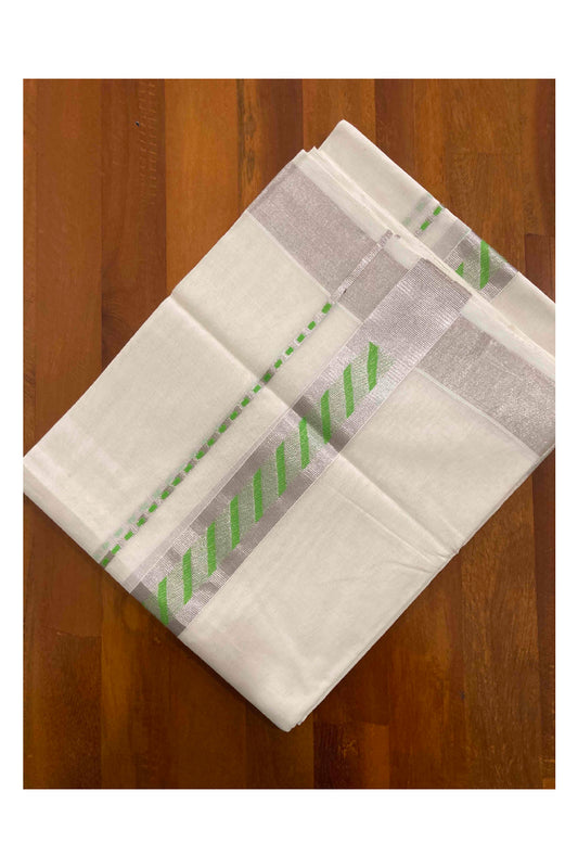 Southloom Handloom Premium Silver Kasavu Dhoti with Light Green Woven Design Border