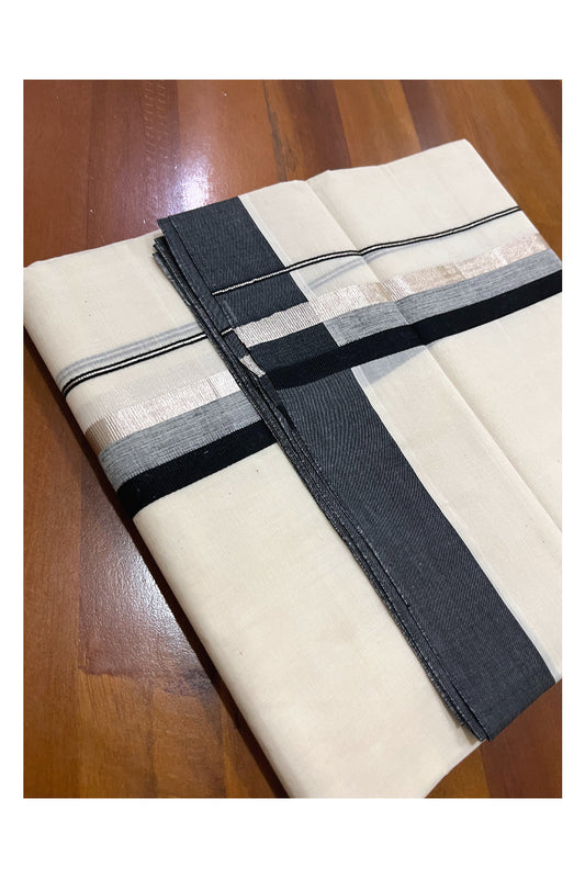 Pure Cotton Off White Double Mundu with Silver Kasavu and Black Border (South Indian Dhoti)