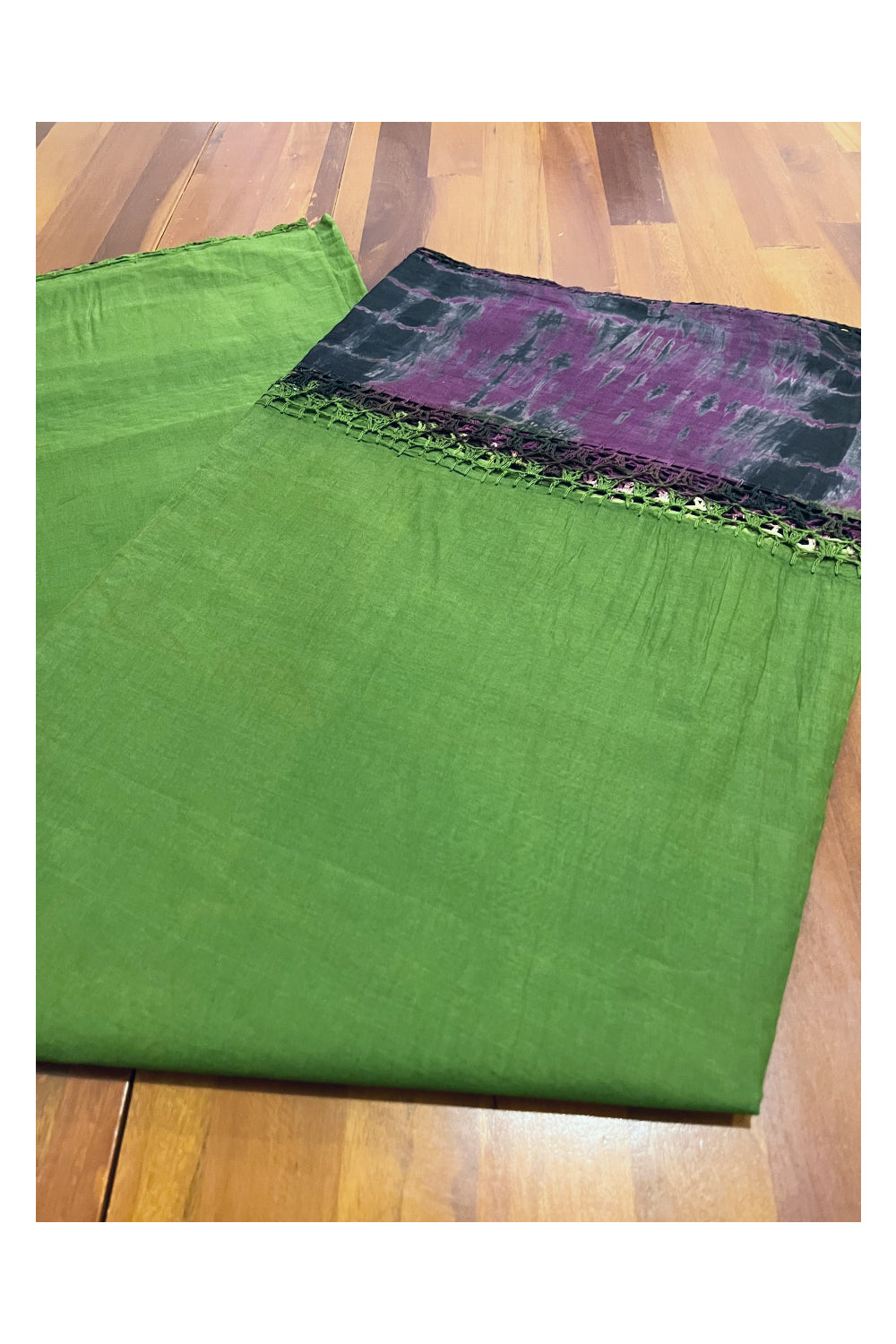 Southloom Pure Cotton Green Saree with Designer Purple Crochet works on Border