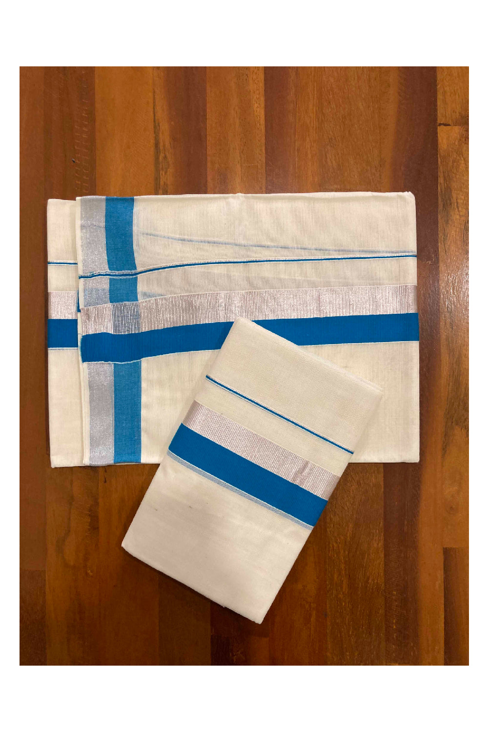 Mundum Neriyathum Double (Set Mundu) with Silver Kasavu and Blue Border 2.80 Mtrs