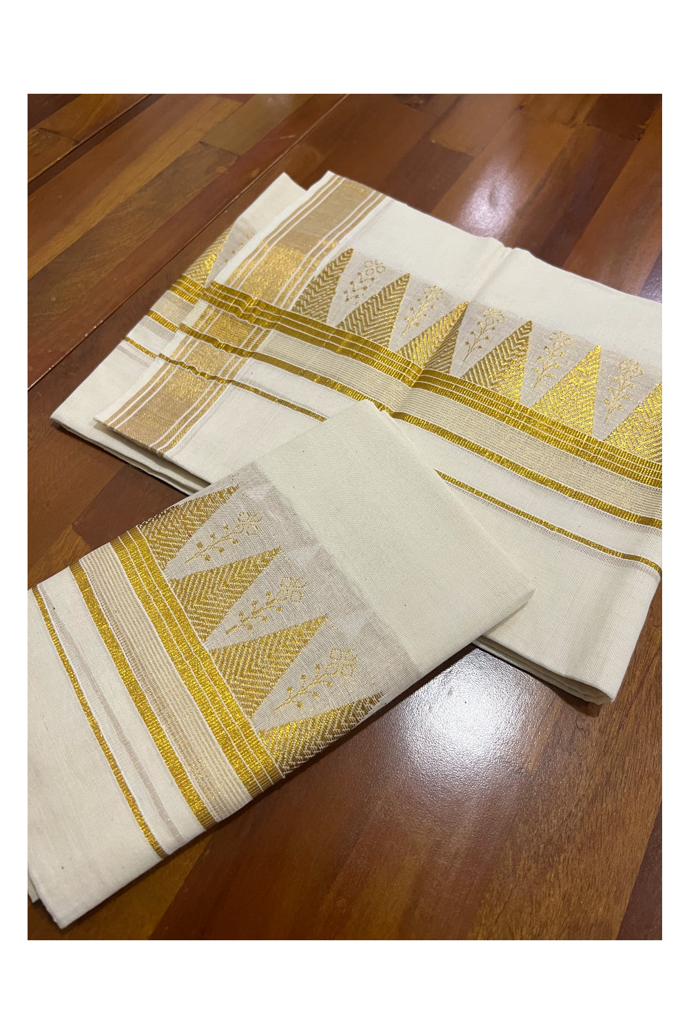 Kerala Cotton Set Mundu Single (Mundum Neriyathum) with Kasavu Temple Woven Works on Border