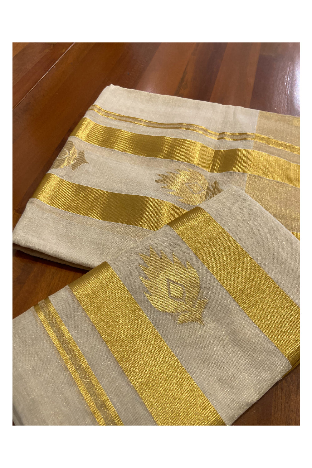 Southloom Handloom Tissue Kasavu Premium Set Mundu with Butta Work Across Kara (2.8 m)