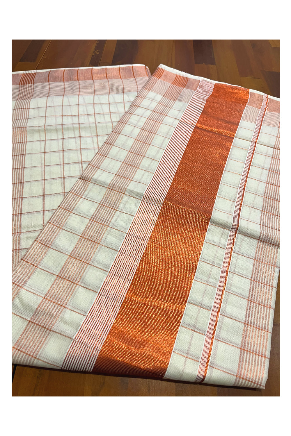 Pure Cotton Kerala Saree with Copper Kasavu Check Designs Across Body