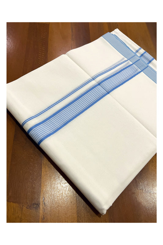 Pure White Cotton Double Mundu with Blue Lines Border (South Indian Dhoti)