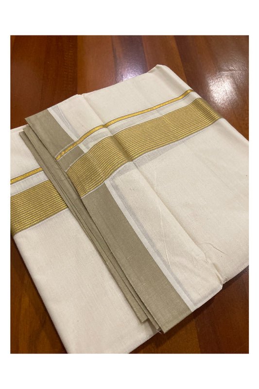 Off White Kerala Double Mundu with Kasavu and Olive Yellow Line Border (South Indian Dhoti)