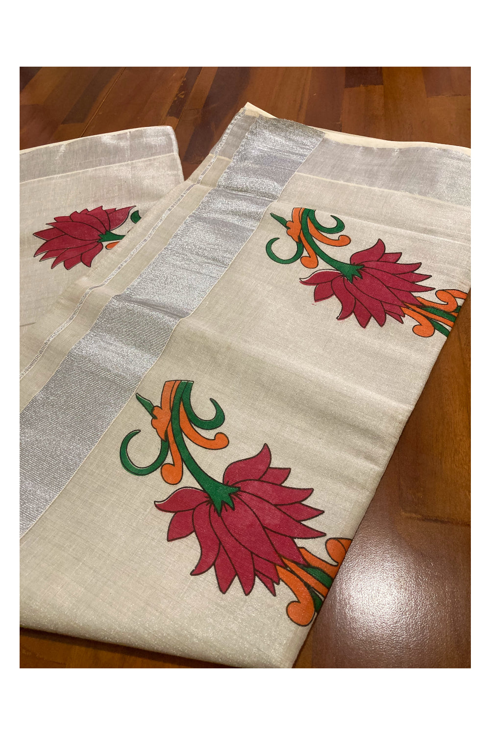 Kerala Silver Tissue Kasavu Saree with Floral Mural Prints