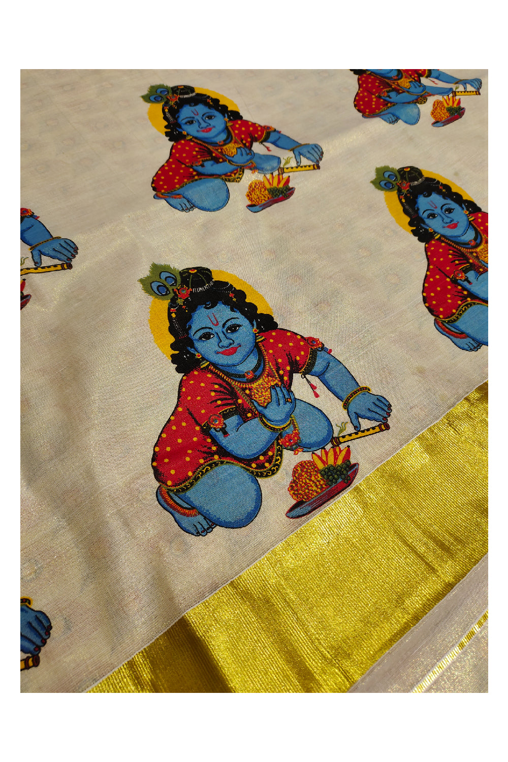 Kerala Tissue Kasavu Saree with Mural Printed Baby Krishna Design