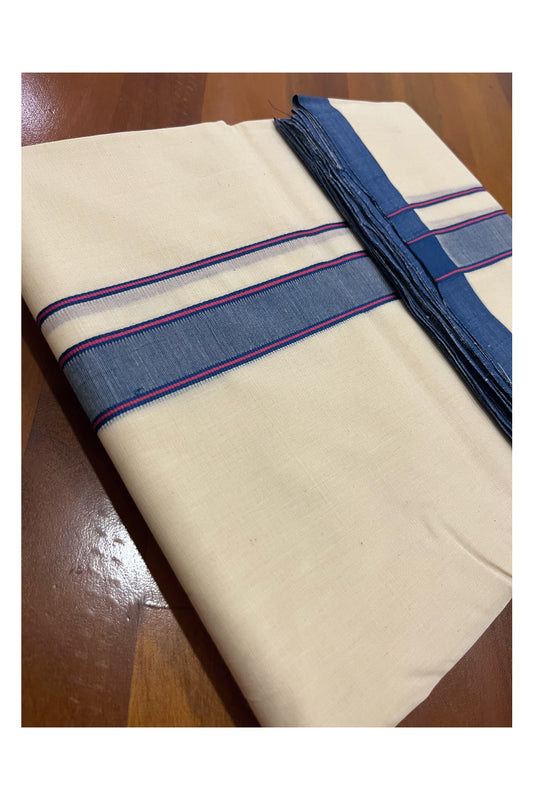 Southloom Premium Handloom Double Mundu with Blue and Magenta Border