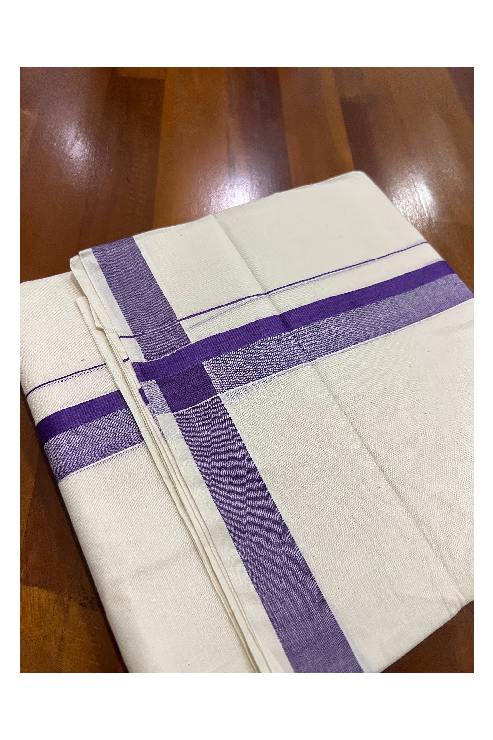 Off White Pure Cotton Double Mundu with Dark Violet Shaded Kara (South Indian Dhoti)