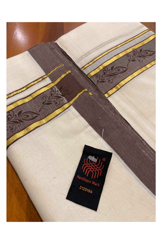 Southloom Balaramapuram Handloom Mundu with Kasavu and Brown Block Printed Border