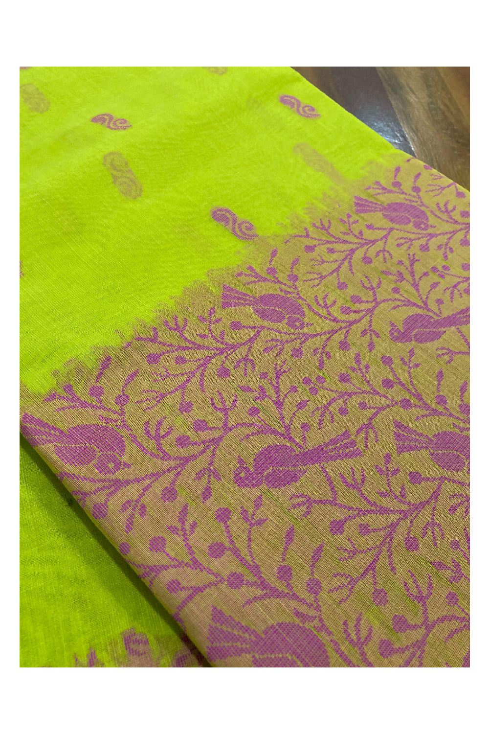 Southloom Sico Gadwal Semi Silk Saree in Light Green and Pink with Bird Motifs (Blouse Piece with Work)