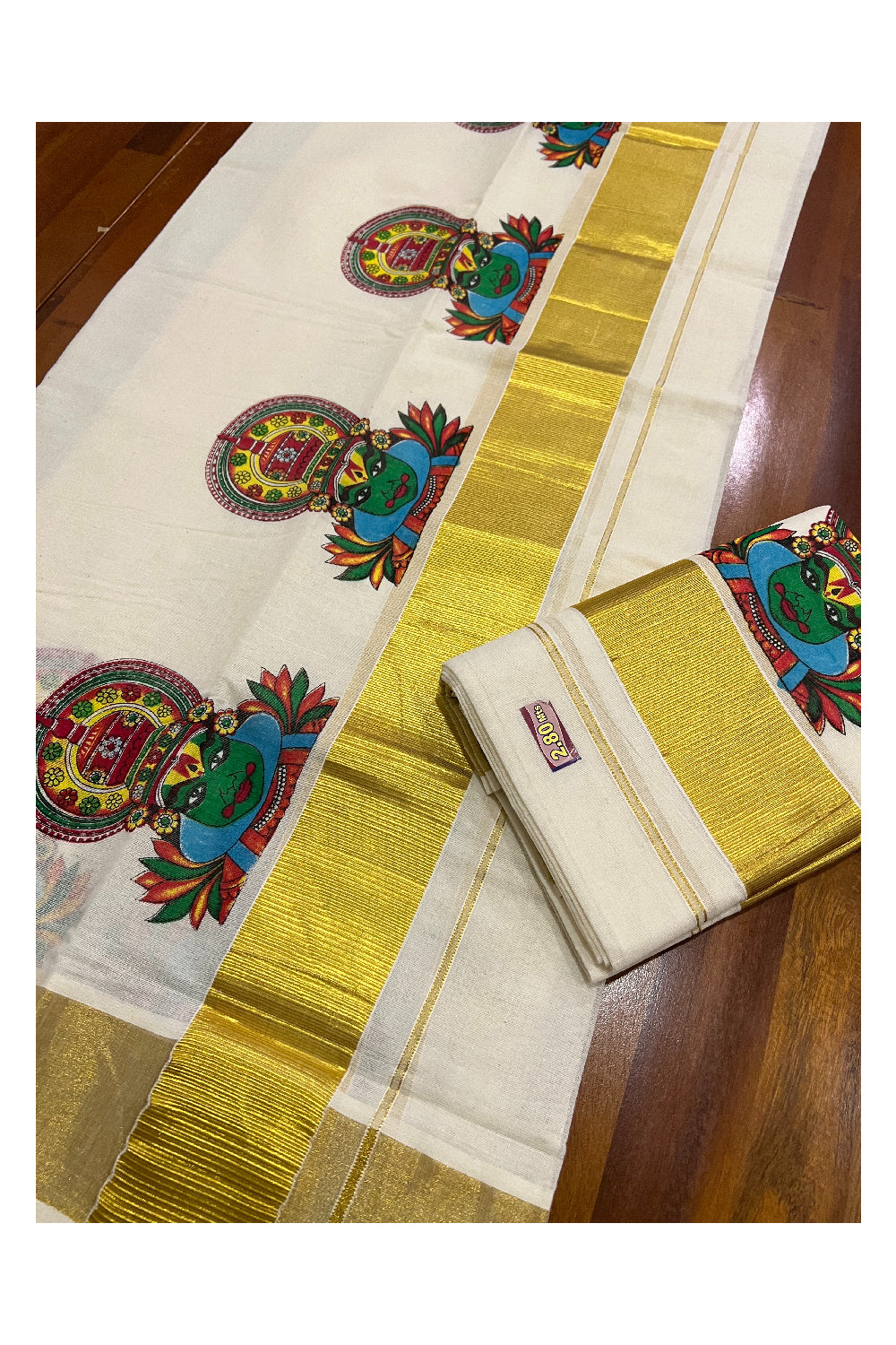 Pure Cotton Kasavu Set Mundu (Mundum Neriyathum) with Kathakali Mural Prints on Border 2.80 Mtrs