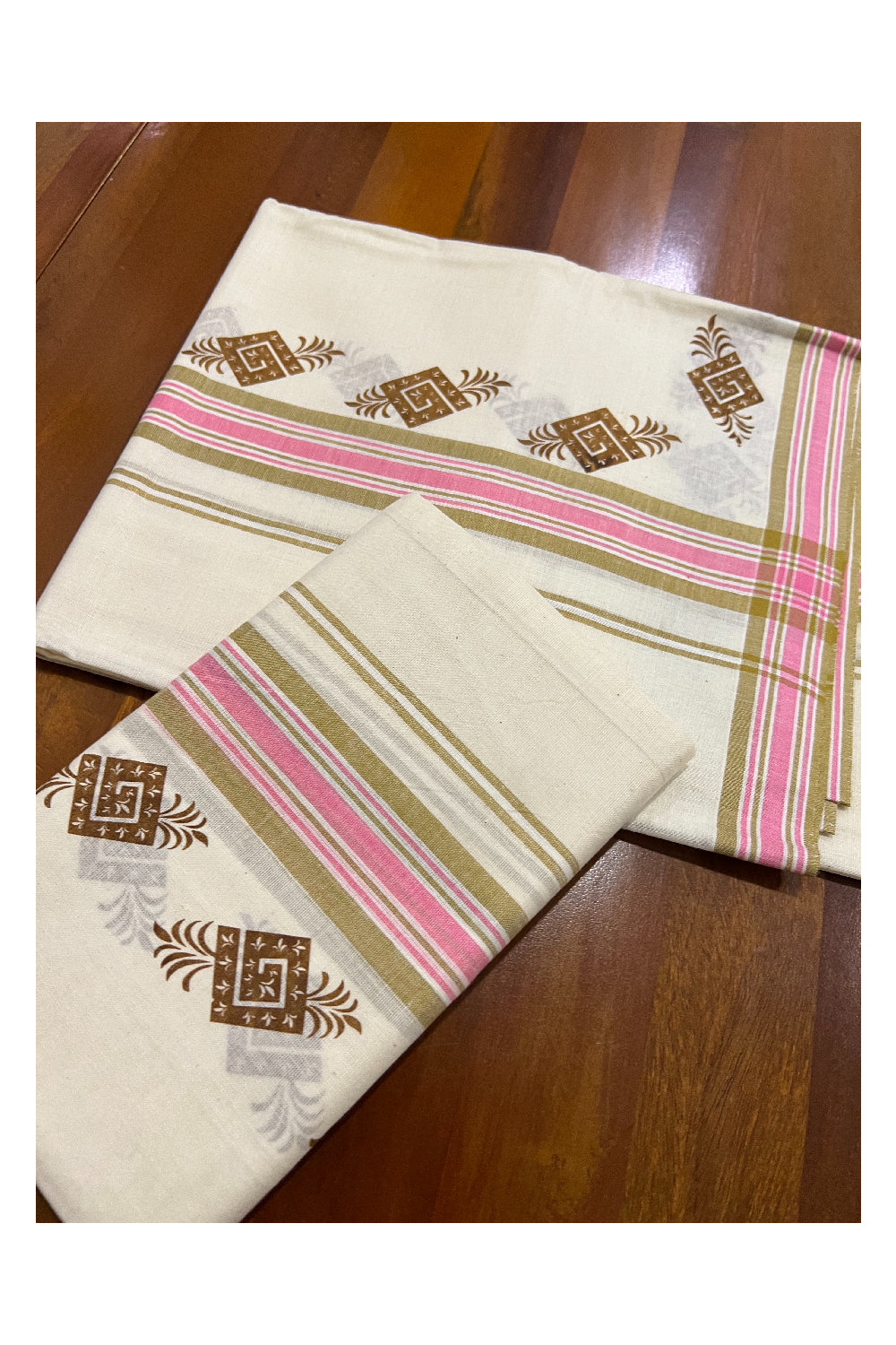 Kerala Cotton Mulloth Mundum Neriyathum Single (Set Mundu) with Light Brown Block Print Border (Extra Soft Cotton)