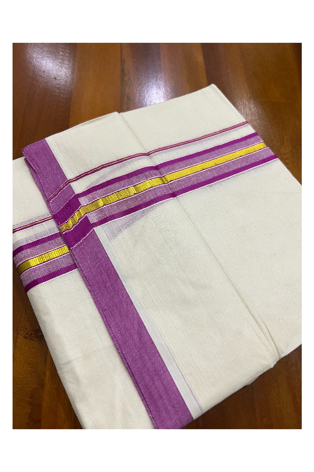 Pure Cotton Off White Double Mundu with Magenta and Kasavu Border (South Indian Dhoti)