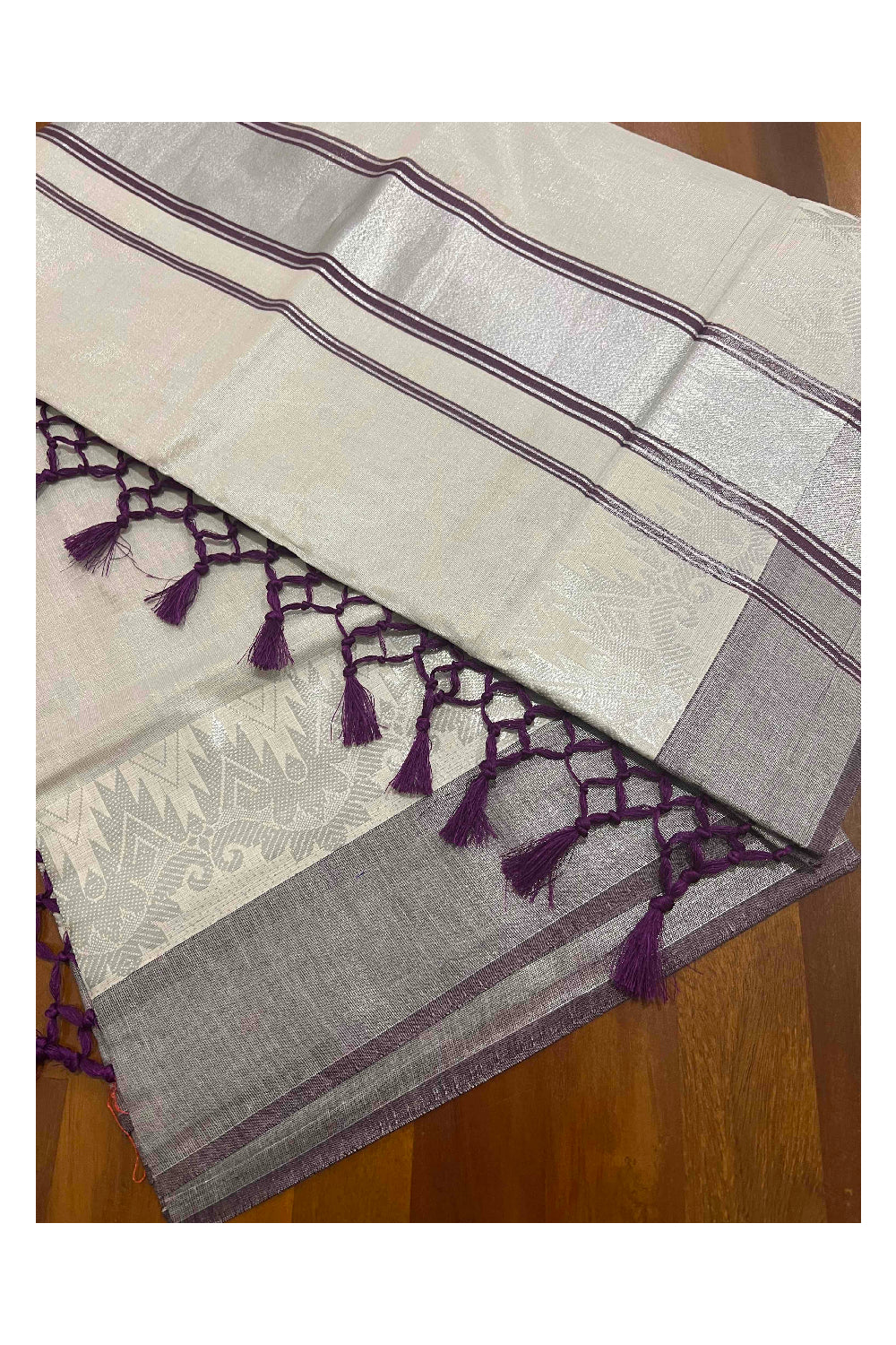 Kerala Silver Tissue Plain Saree with Purple and Silver Border