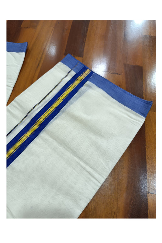 Off White Kerala Double Mundu with Kasavu and Dark Blue Kara (South Indian Dhoti)