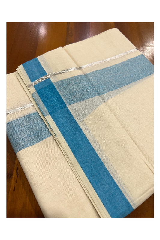 Pure Cotton Off White Double Mundu with Light Blue and Silver Kasavu Border (South Indian Dhoti)