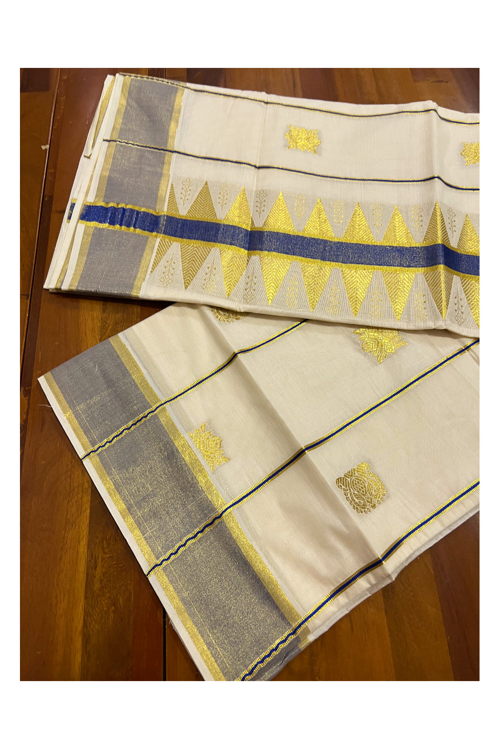 Pure Cotton Kerala Kasavu Heavy Woven Work Saree with Blue Border