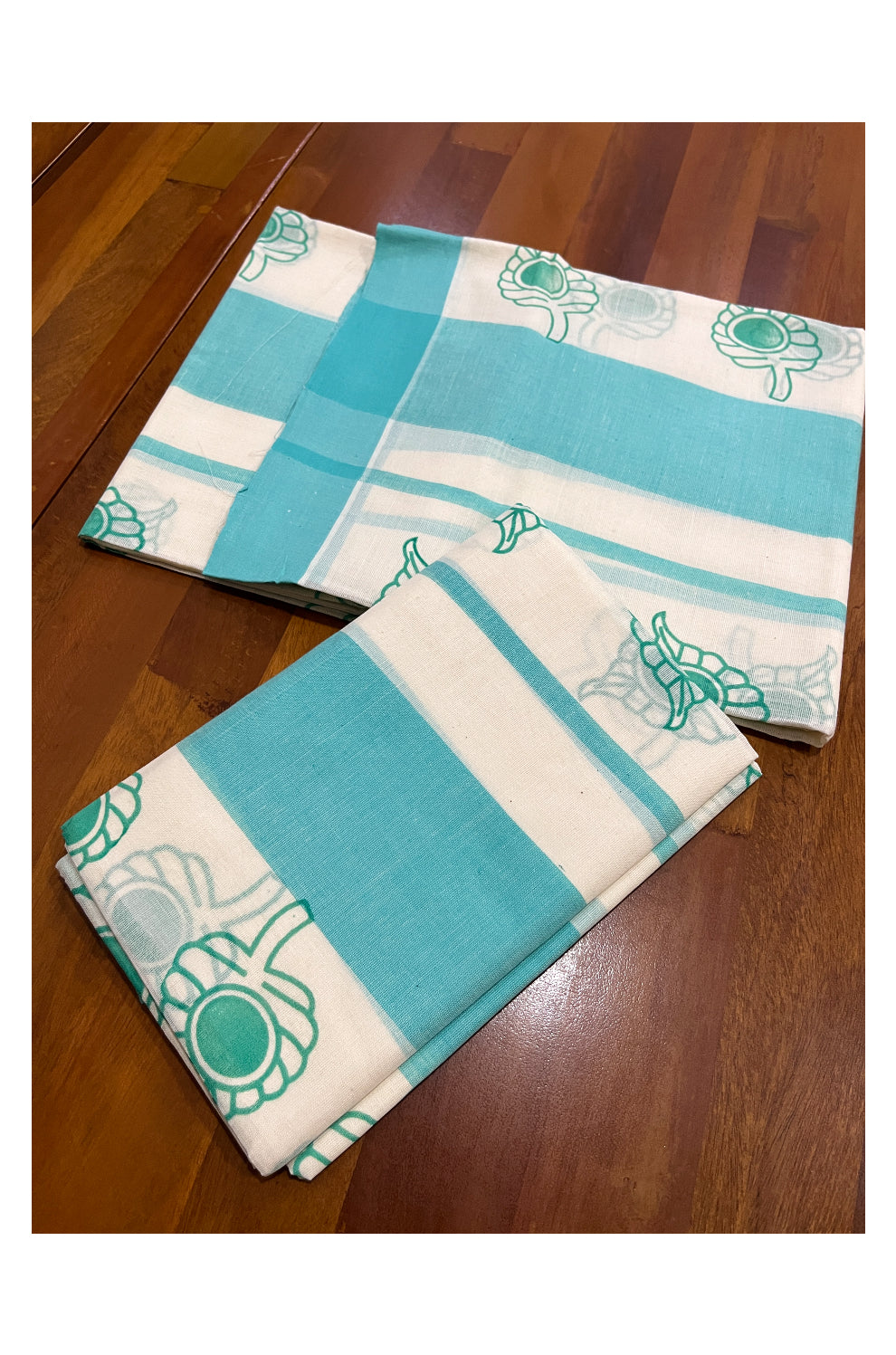 Pure Cotton Single Set Mundu (Mundum Neriyathum Vishu 2023) with Turquoise Block Prints and Border