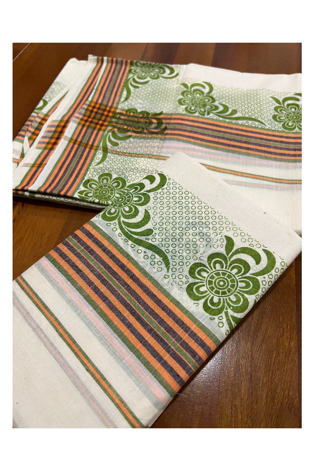 Southloom Onam 2022 Mulloth Soft Cotton Set Mundu with Green Kara and Block Print