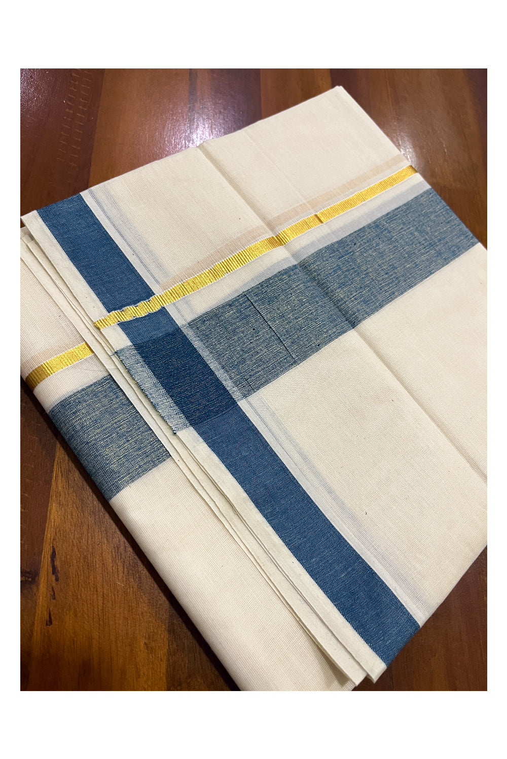 Pure Cotton Double Mundu with Kasavu Blue Kara (South Indian Kerala Dhoti)