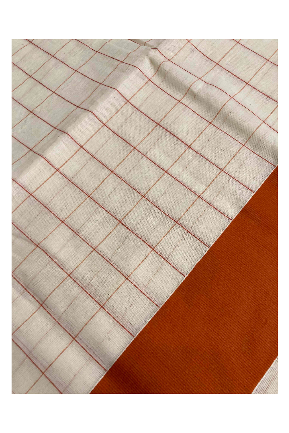 Kerala Pure Cotton Orange Woven Check Saree with 3 inch Border