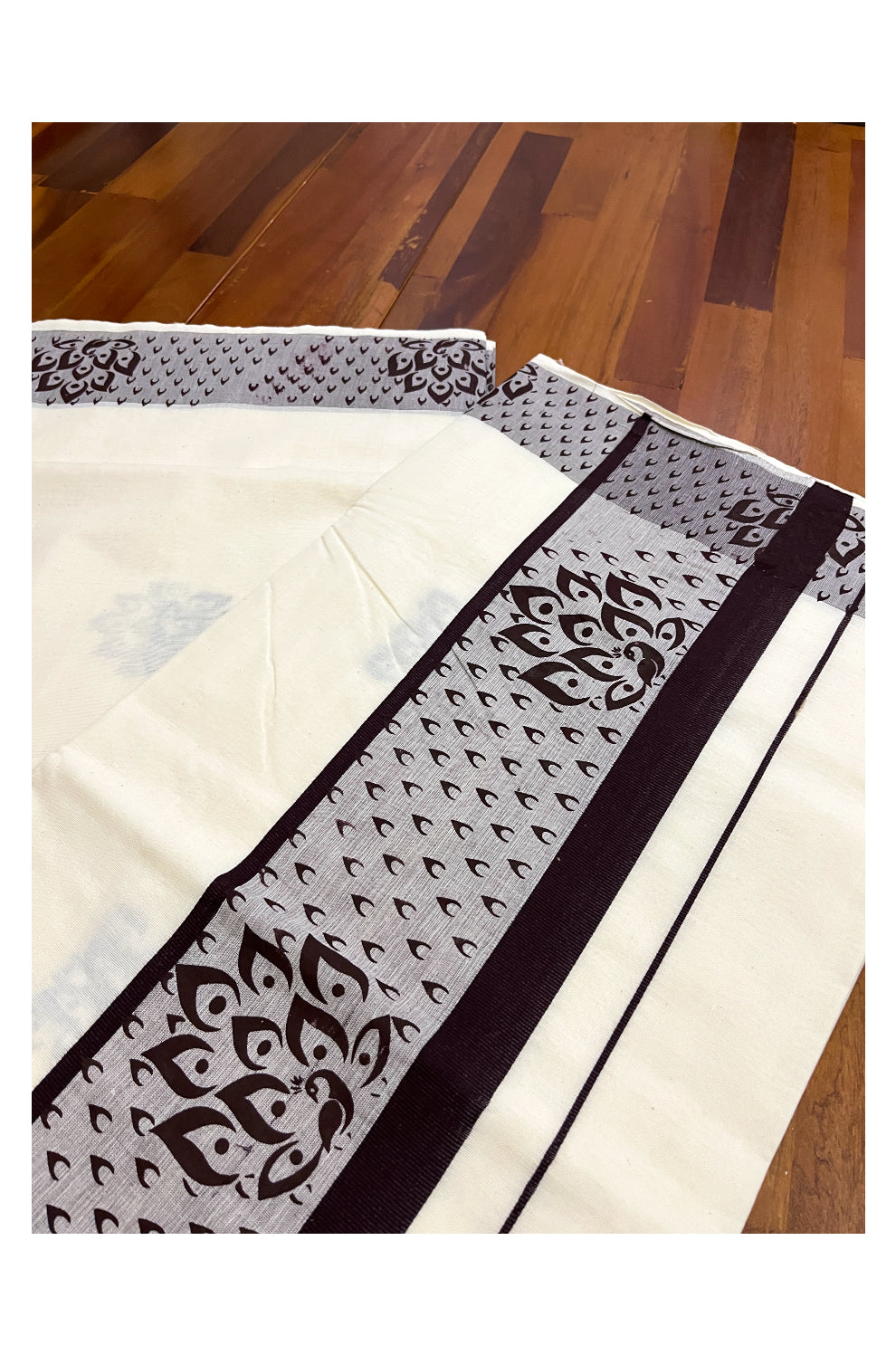 Pure Cotton Off White Kerala Saree with Brown Block Prints on Border