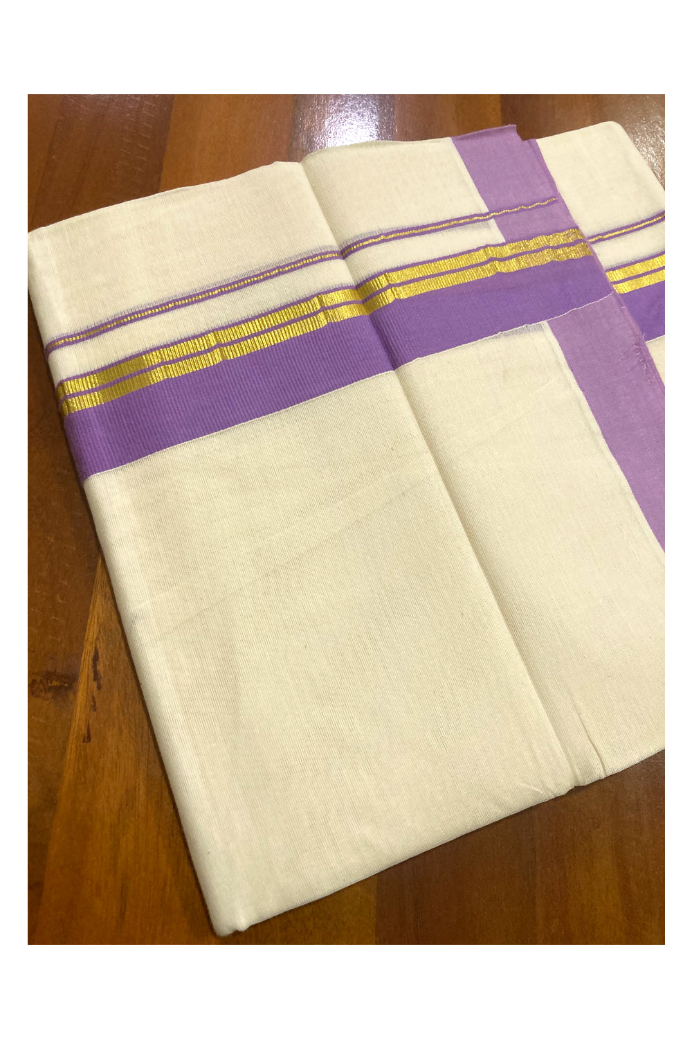 Off White Pure Cotton Double Mundu with Kasavu and Violet Border (South Indian Dhoti)