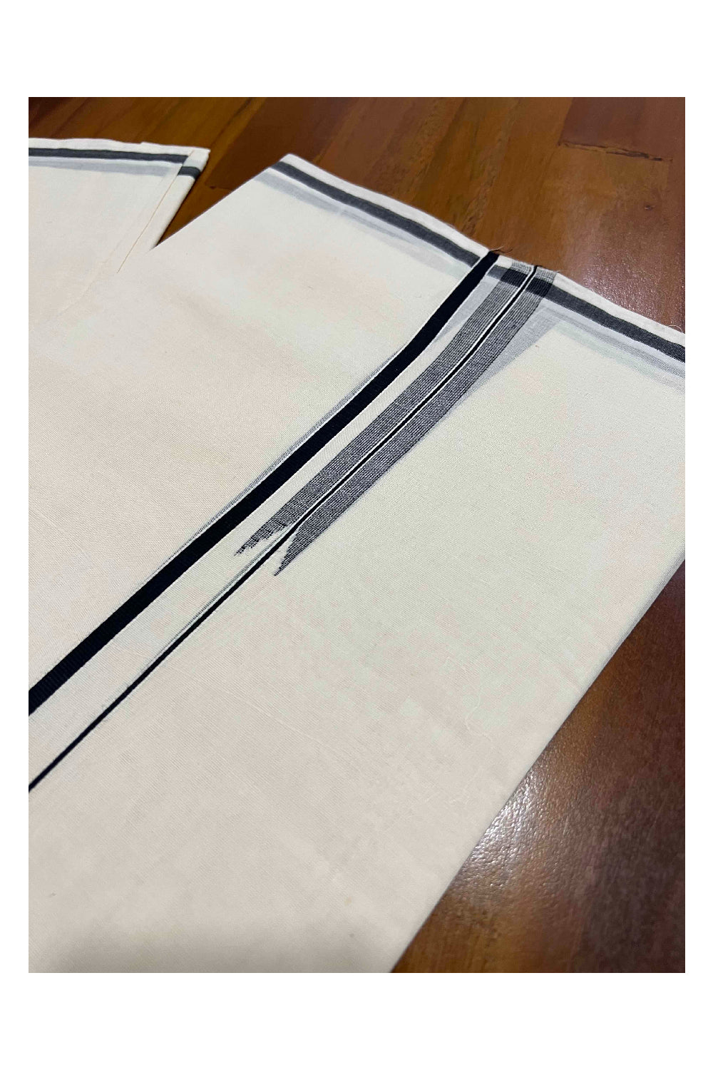 Off White Pure Cotton Double Mundu with Black Puliyilakkara Border (South Indian Dhoti)