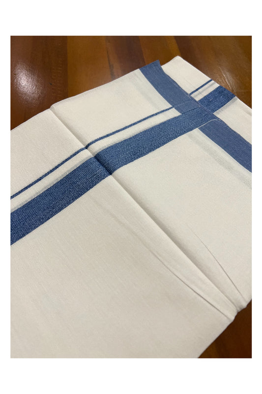 Pure White Kerala Cotton Double Mundu with Blue Border (South Indian Dhoti)