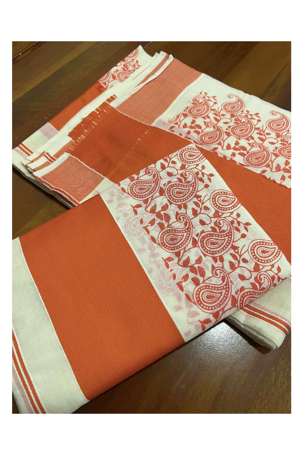 Kerala Cotton Set Mundu (Mundum Neriyathum) with Orange Block Printed Border