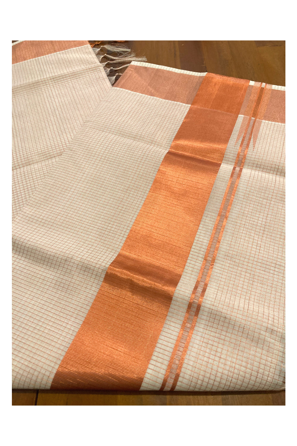 Southloom™ Handloom Kerala Premium Saree with Copper Kasavu Micro Check Design Body