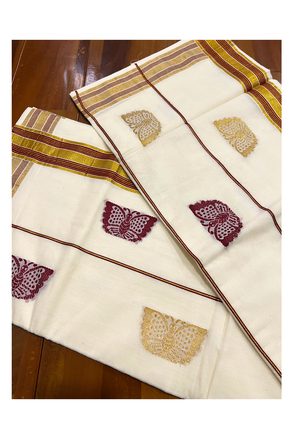 Southloom Pure Cotton Kerala Saree with Kasavu and Maroon Heavy Works