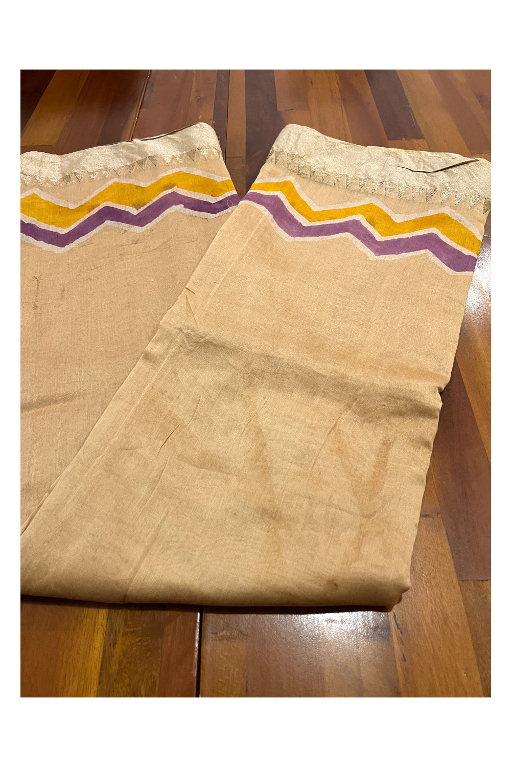 Southloom Cotton Brown Saree with Kasavu Temple Border and Multi Colour Pallu