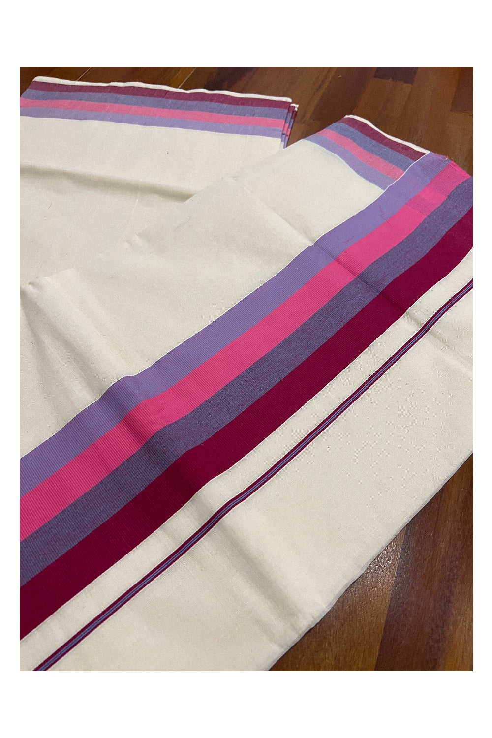 Kerala Cotton Saree with Violet and Maroon Lines Border Design